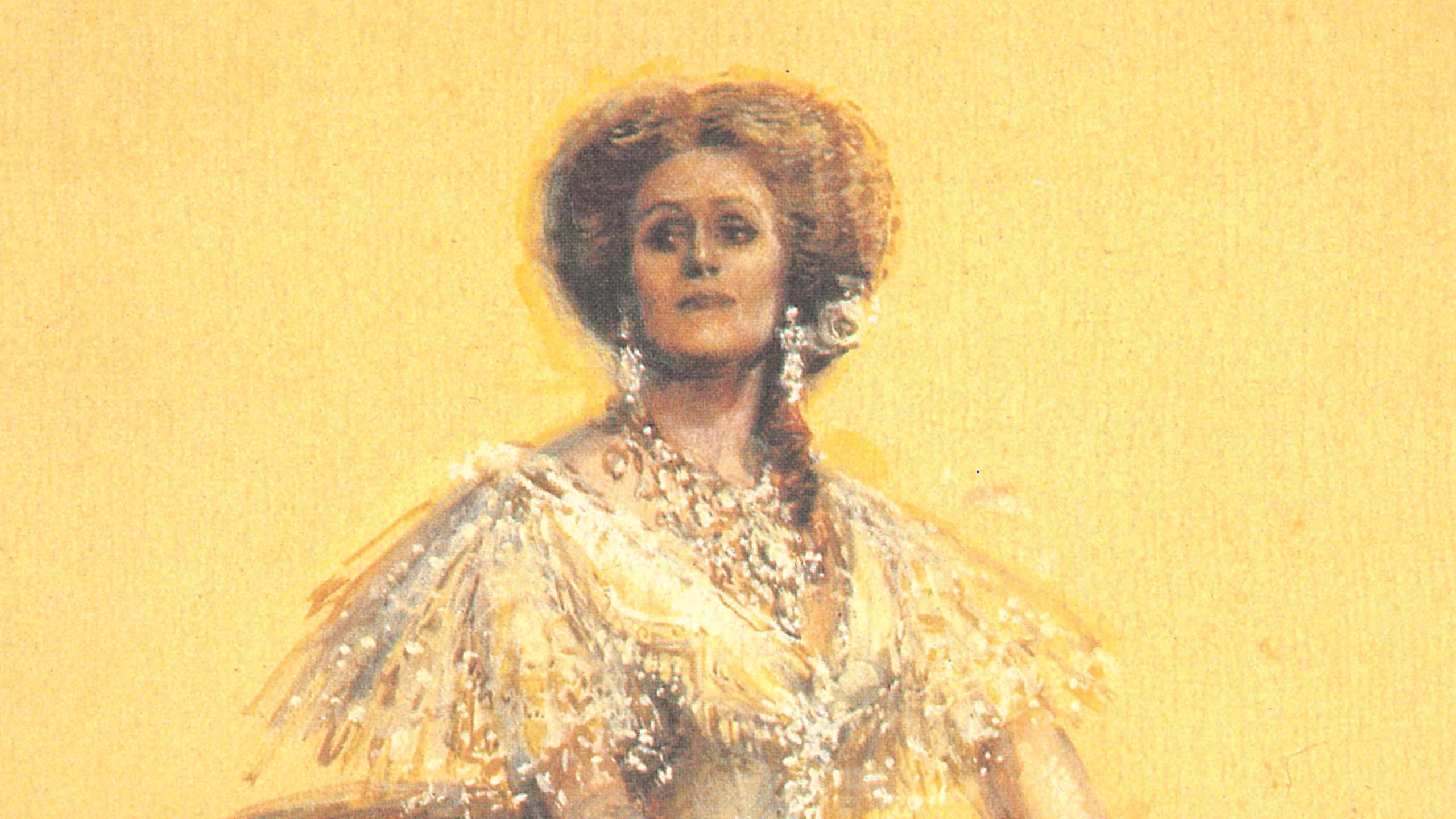A costume design in gouache on paper showing Joan Sutherland wearing the dress seen in the previous image