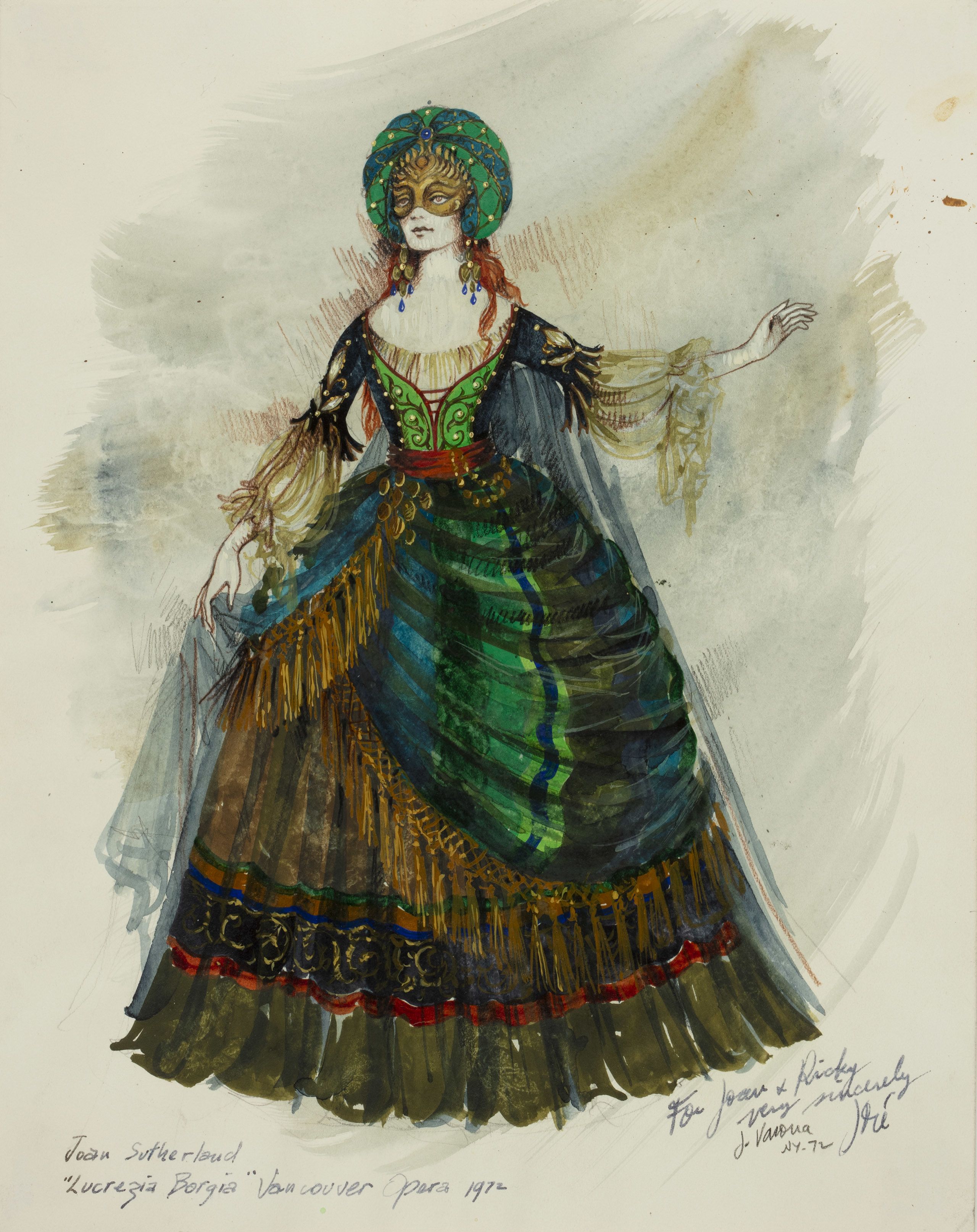 A watercolour and pencil costume design drawing for the Lucrezia Borgia costume, recognisably worn by Joan Sutherland