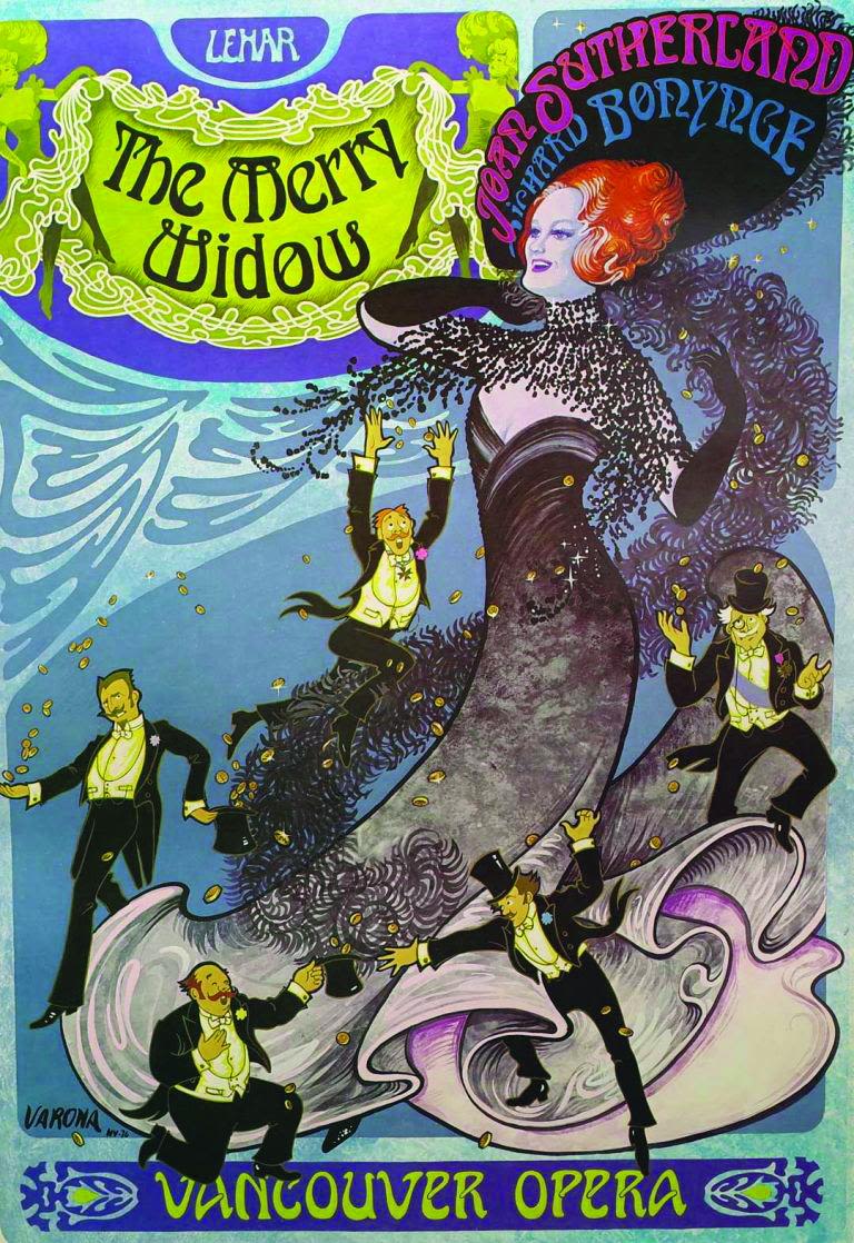 An art-nouveau-style poster for The Merry Widow, incorporating an image of Joan Sutherland wearing the Merry Widow dress