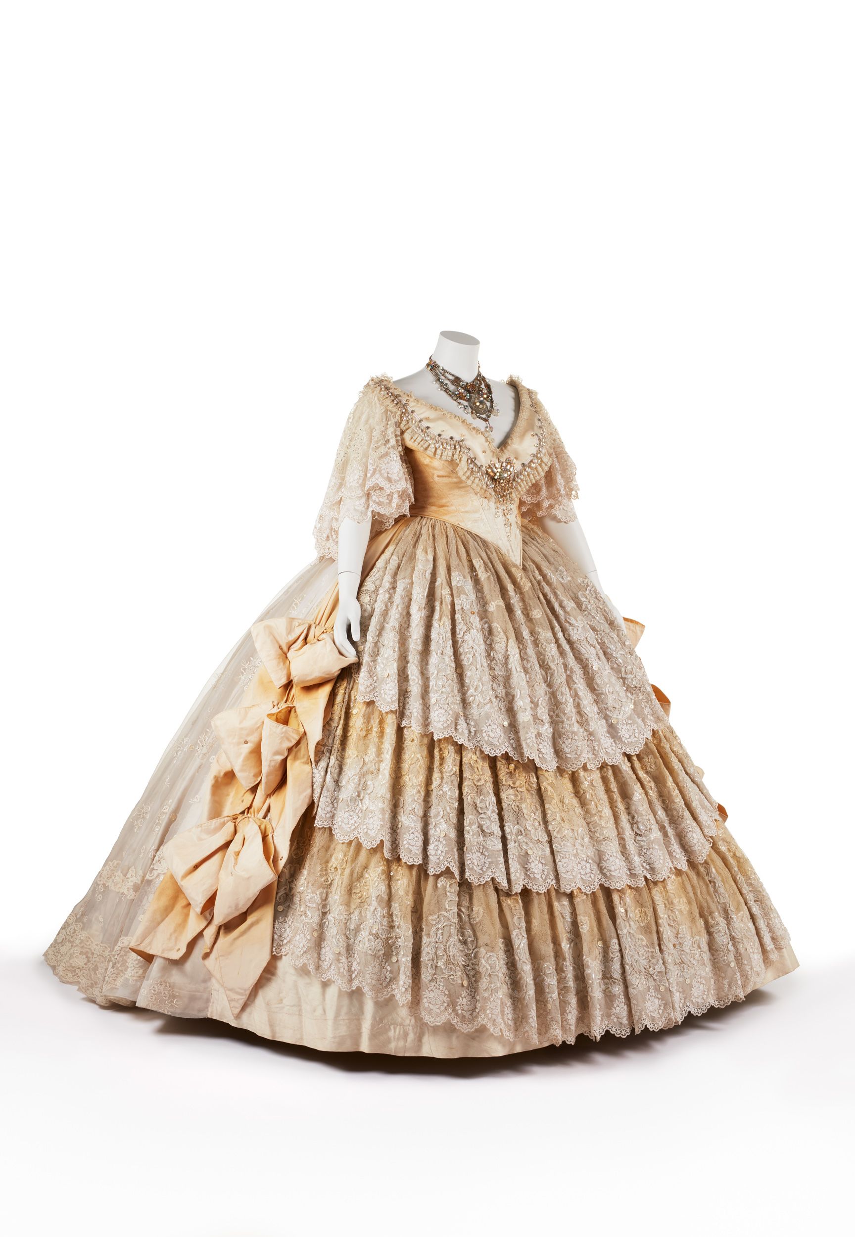 A view of the whole dress, an eleborate nineteenth century-style dress