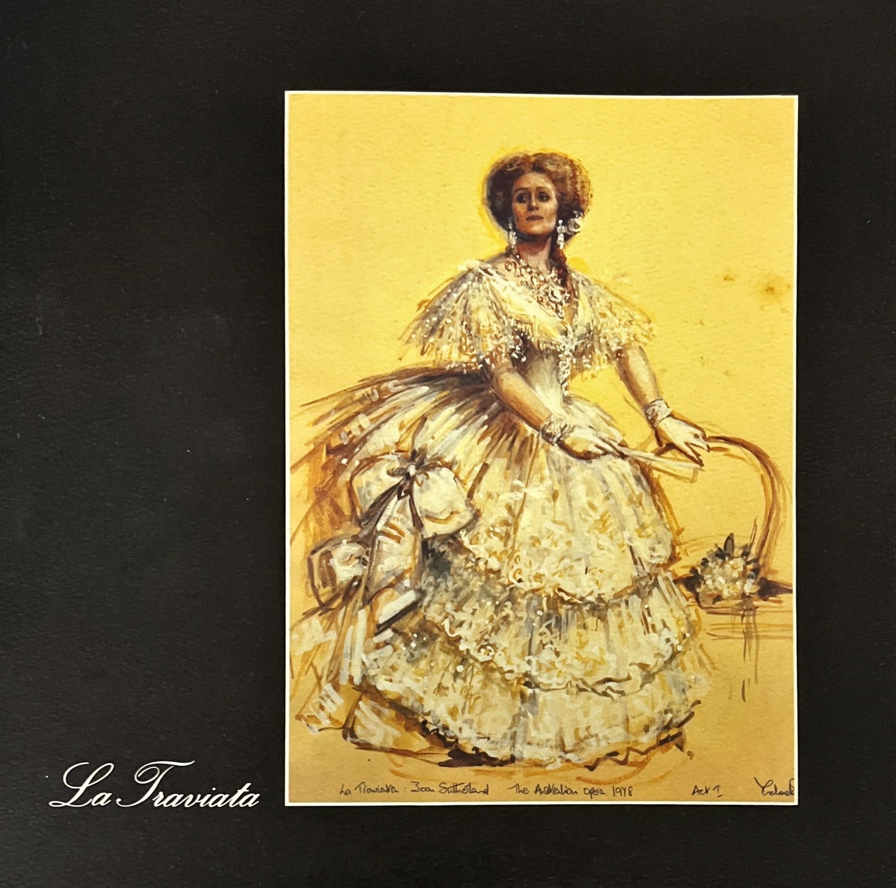 The cover of a programme for La Traviata, featuring a costume design of Joan Sutherland wearing the white La Traviata dress