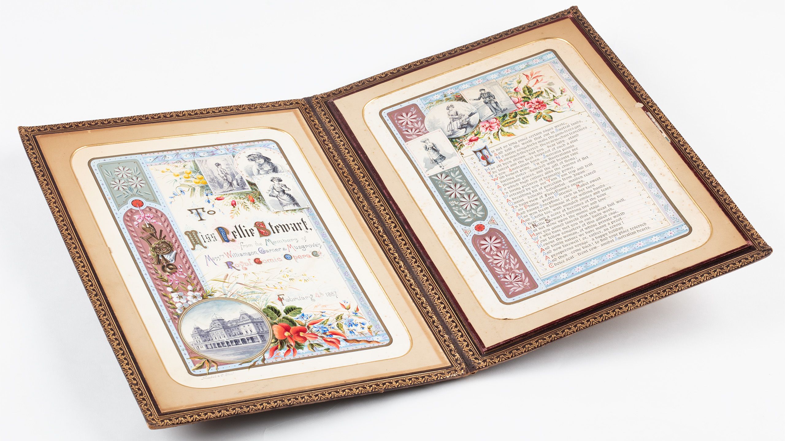 Front pages of book bound in brown leather, with hand coloured borders, flowers, portraits and text