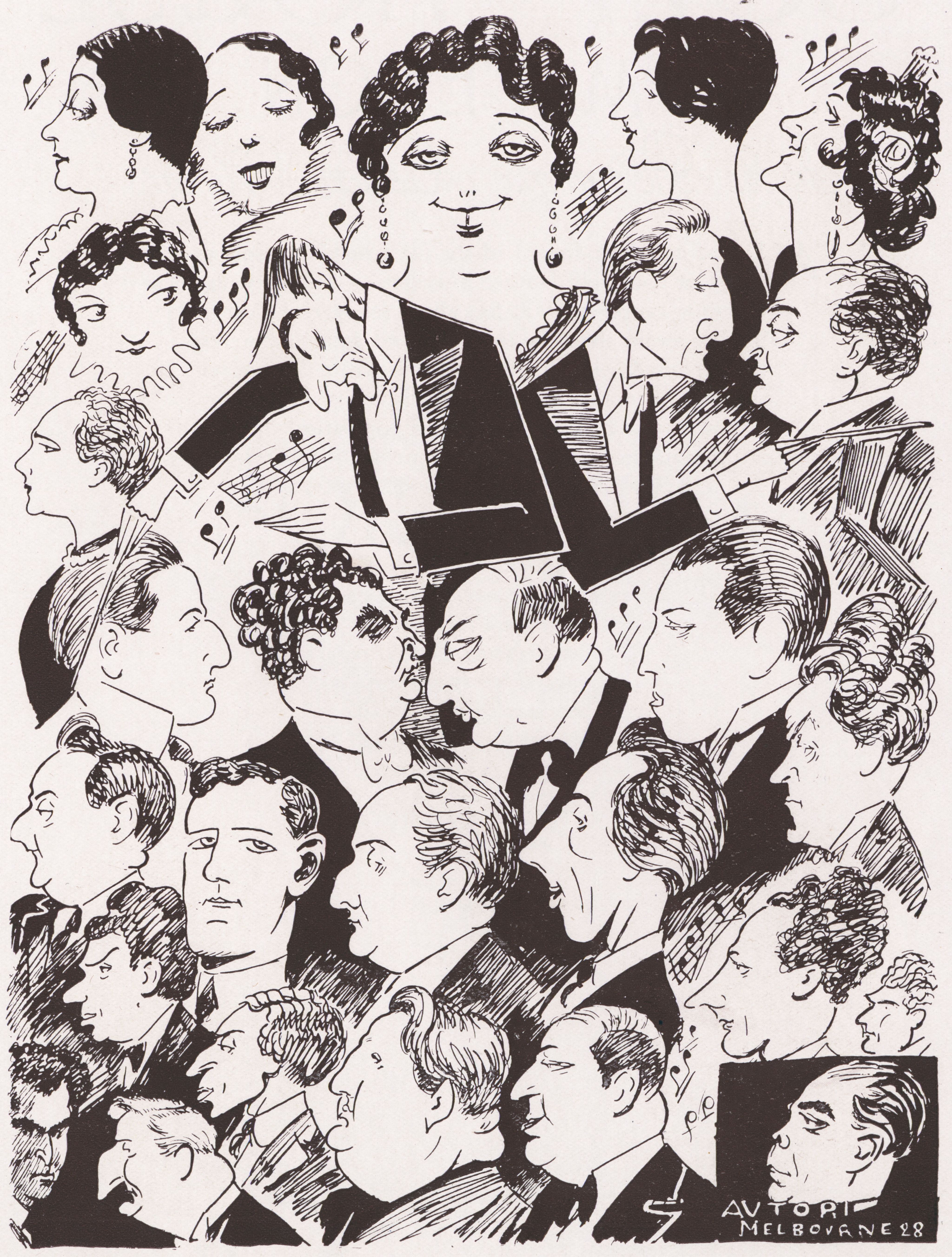 Cartoon illustration of approximatel 25 opera performers and conductors. Drawn in black pen, most of the figures are facing in profile either to the left or right, with an illustration of Toti Dal Monte looking front and centre. Mostly men except for 6 women including Dal Monte. Music notes are drawn around the figures, which are mostly only head and shoulders. The men are wearing black tie suits. 