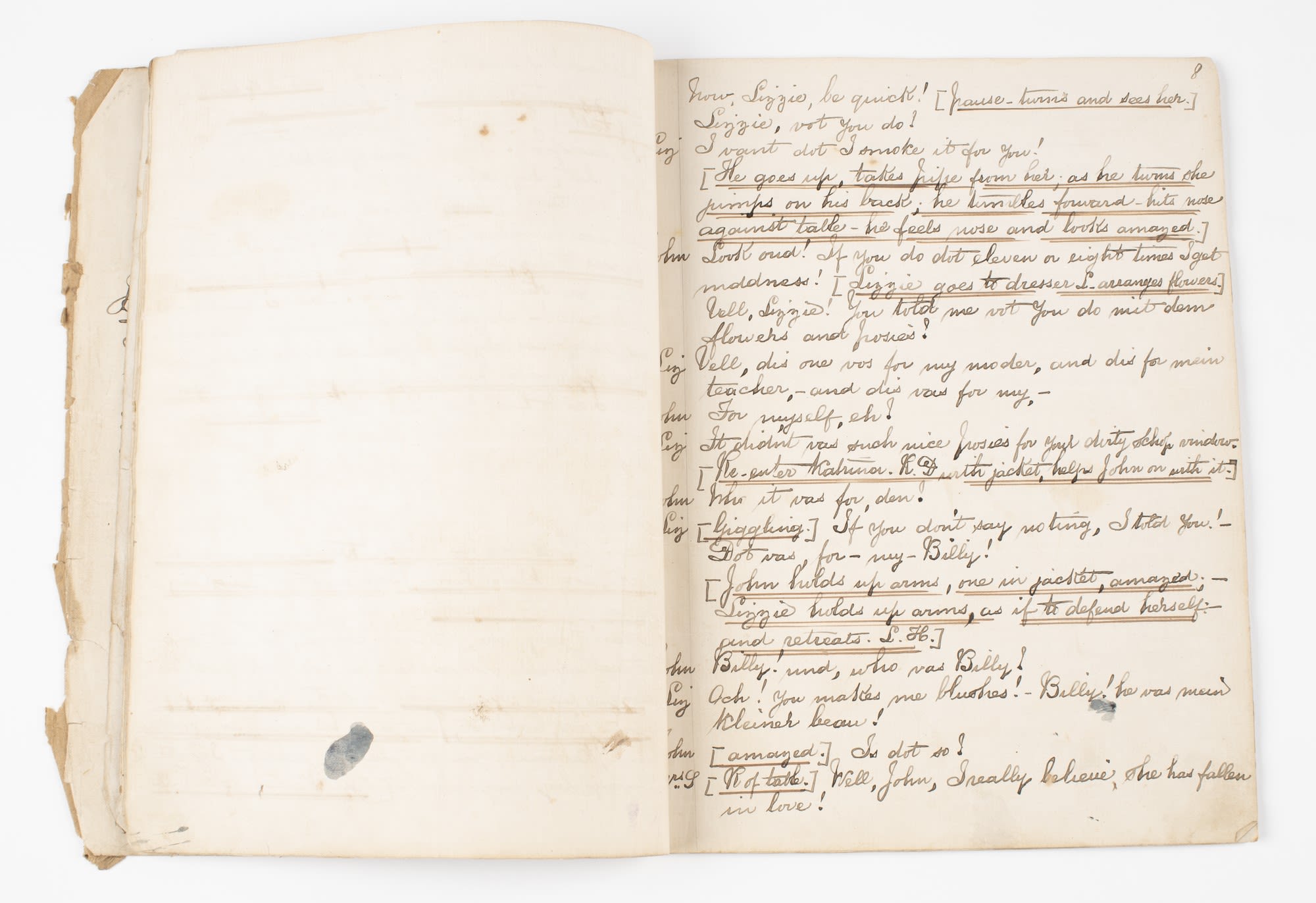 Open pages of script. Handwritten text on right page. 