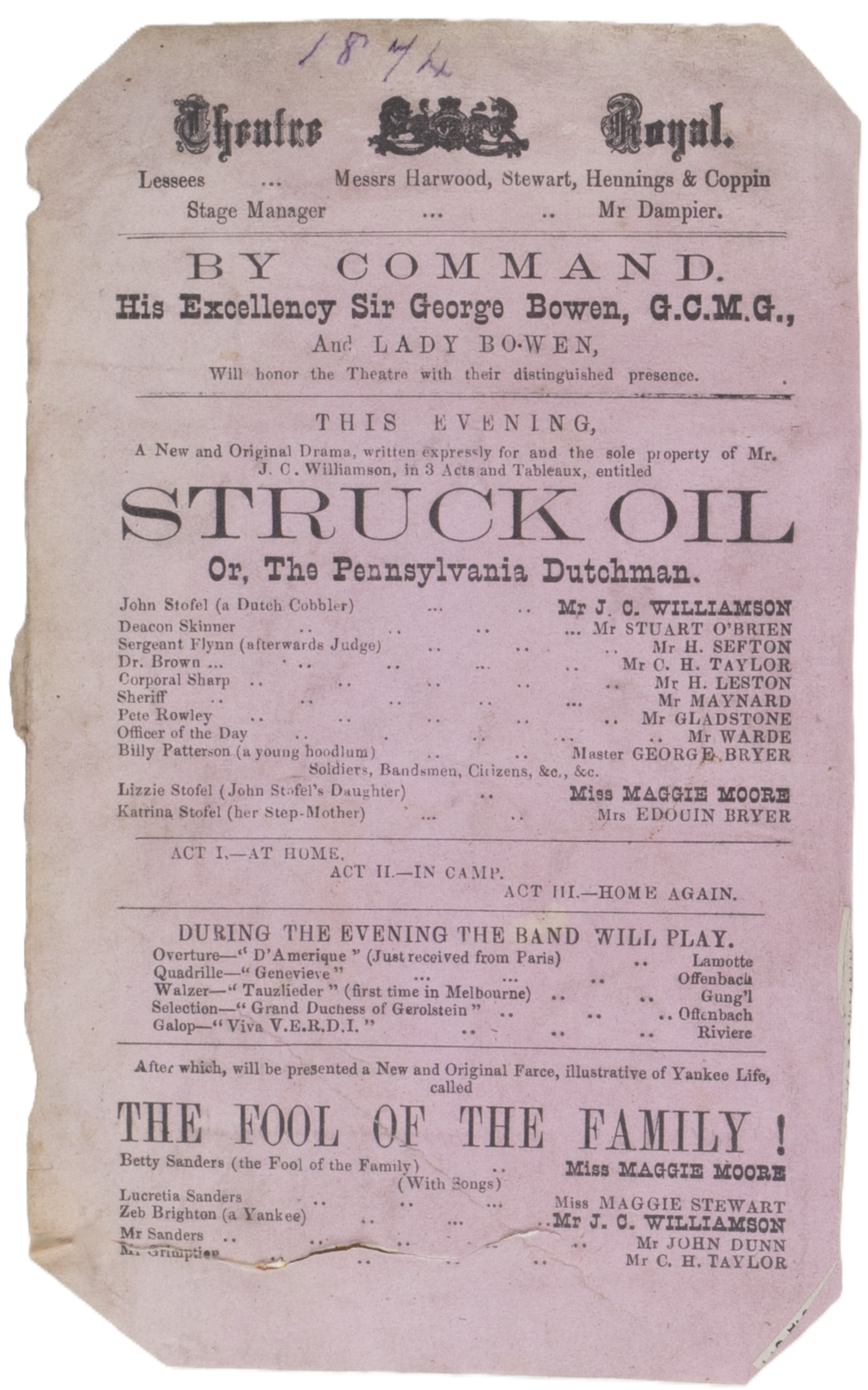 Pink, single page, nineteenth century theatre brochure.