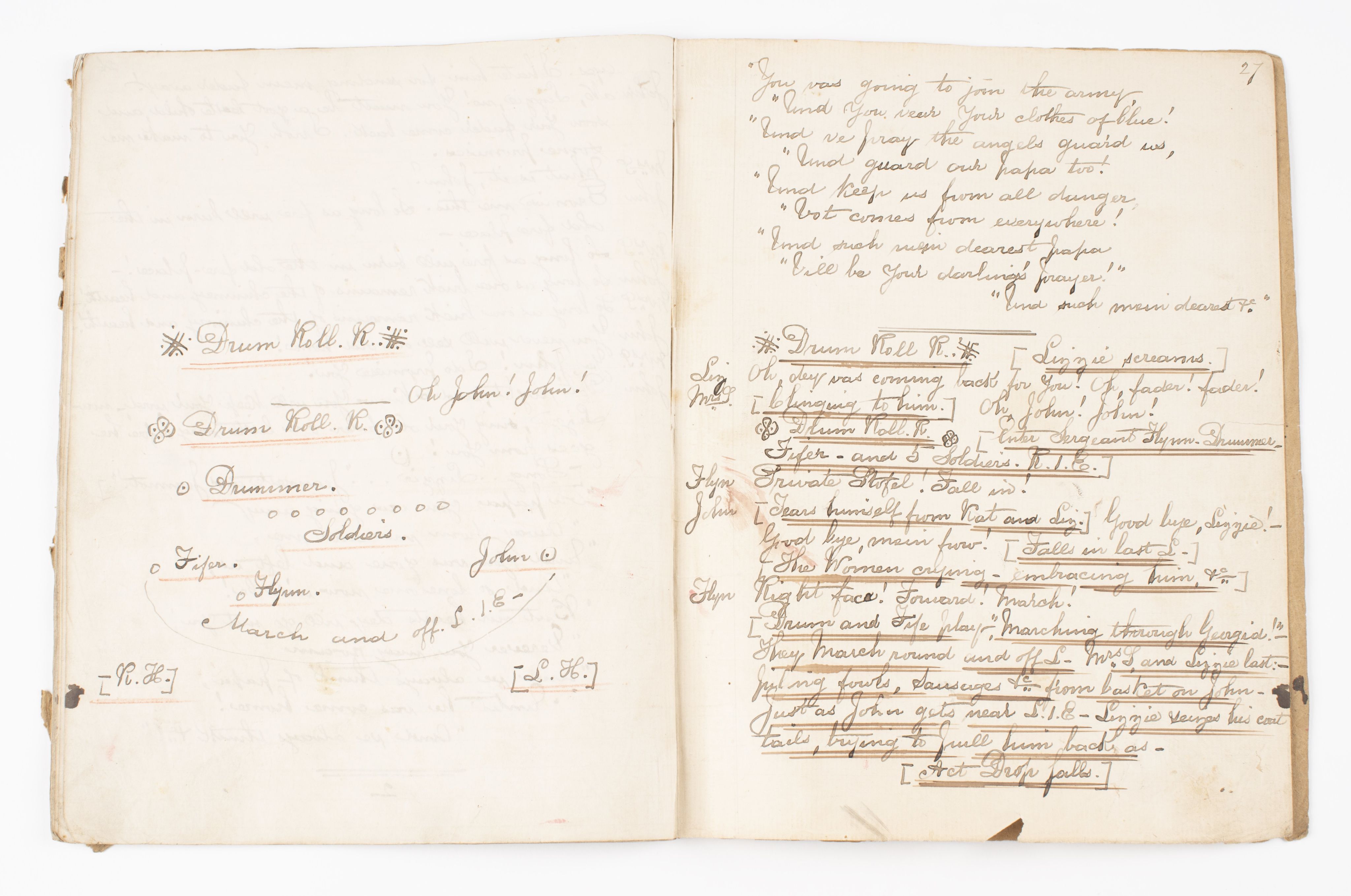 Open pages of script. Handwritten text of script on right page. Notes on left page. 