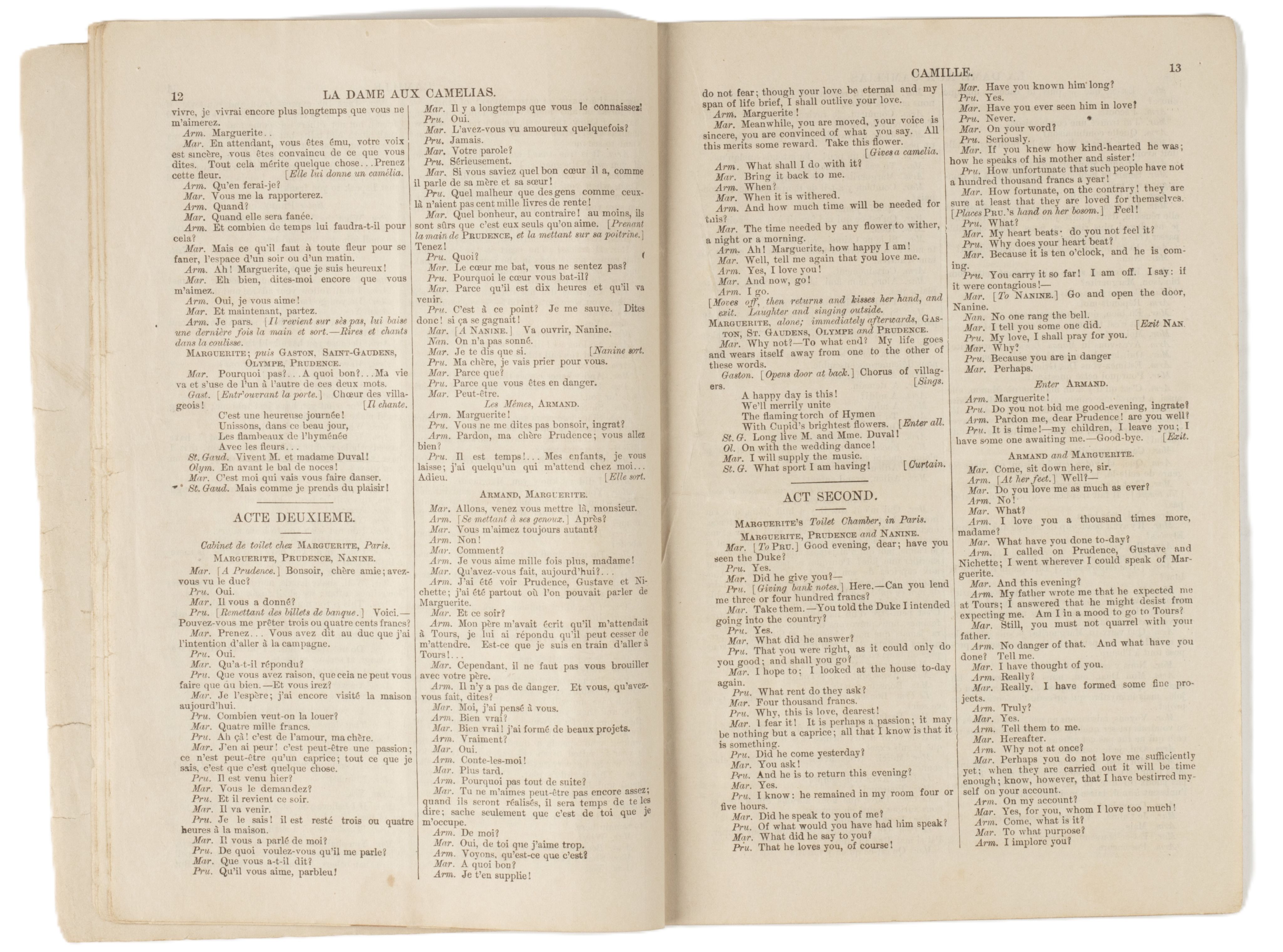 Open pages of nineteenth century script. French language on left page with the corresponding English translation on the right page. Typed text. 