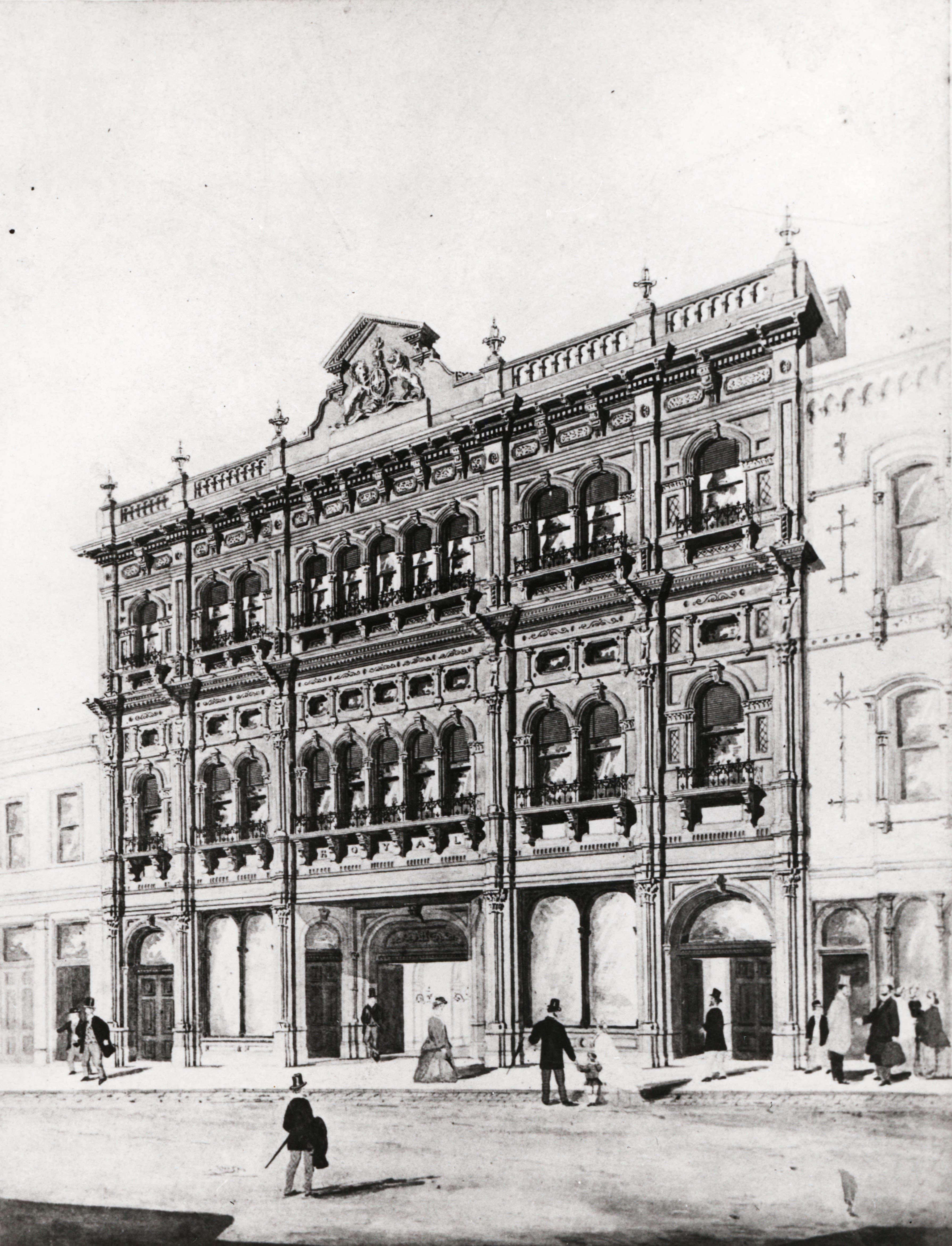 Illustration of an ornate theatre from street view. The theatre is three levels with 11 curved windows on the first and second level, with the entrance on the ground level in the middle. There are 12 people wearing suits and floor-length dresses walking around outside the theatre and on the road. The theatre is darker than the sky and two buildings next to the theatre. 