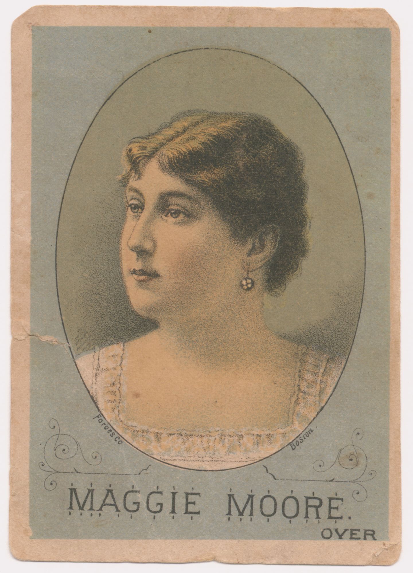 Illustration of a head and shoulders portrait of a woman. She is wearing a square-neck top with dangling earrings and hair pinned back in finger waves. Her head is turned to the left. Portrait is framed in an oval. Written below is 'Maggie Moore'. 
