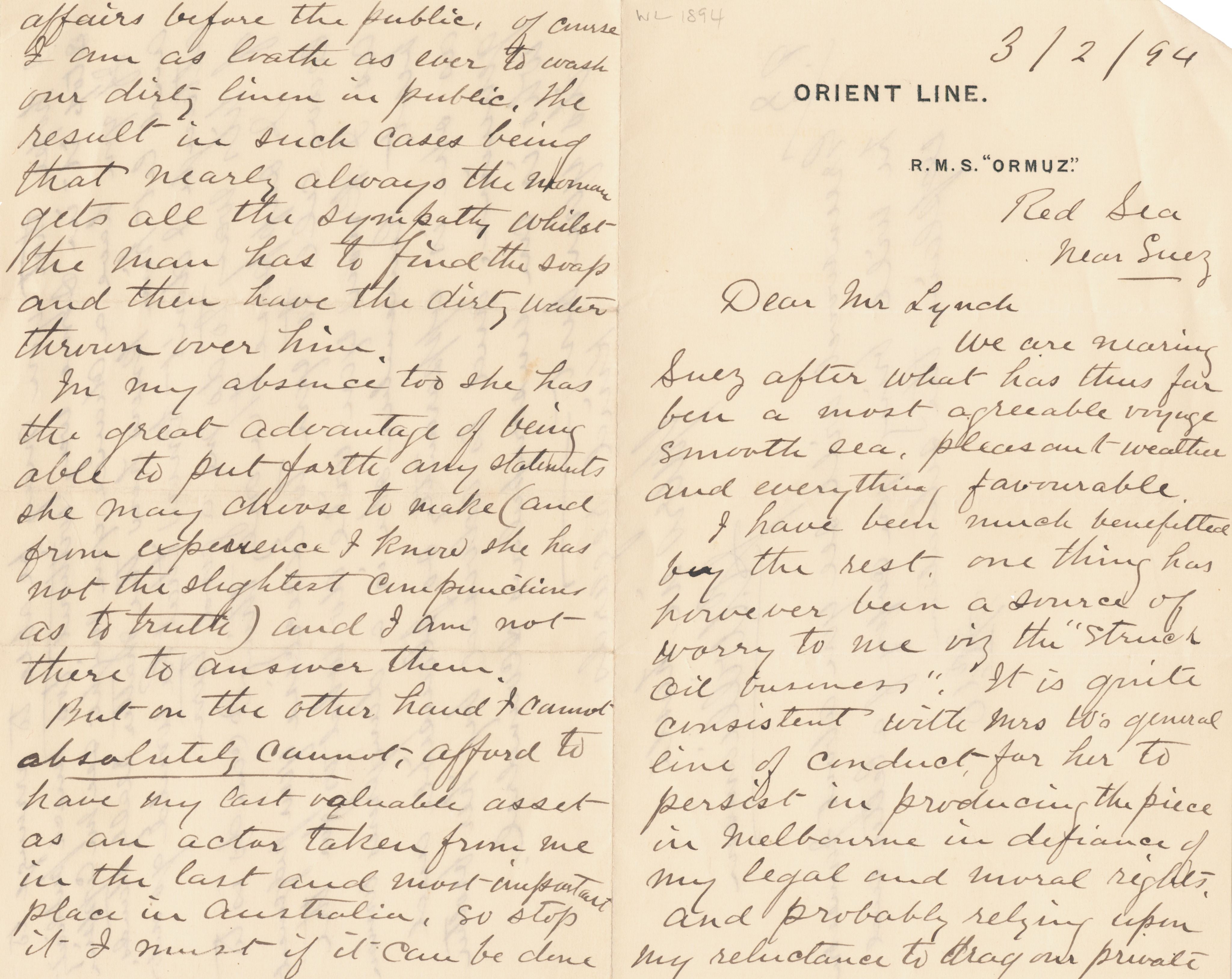 One page landscape letter with margin in the middle. Handwritten cursive writing. 