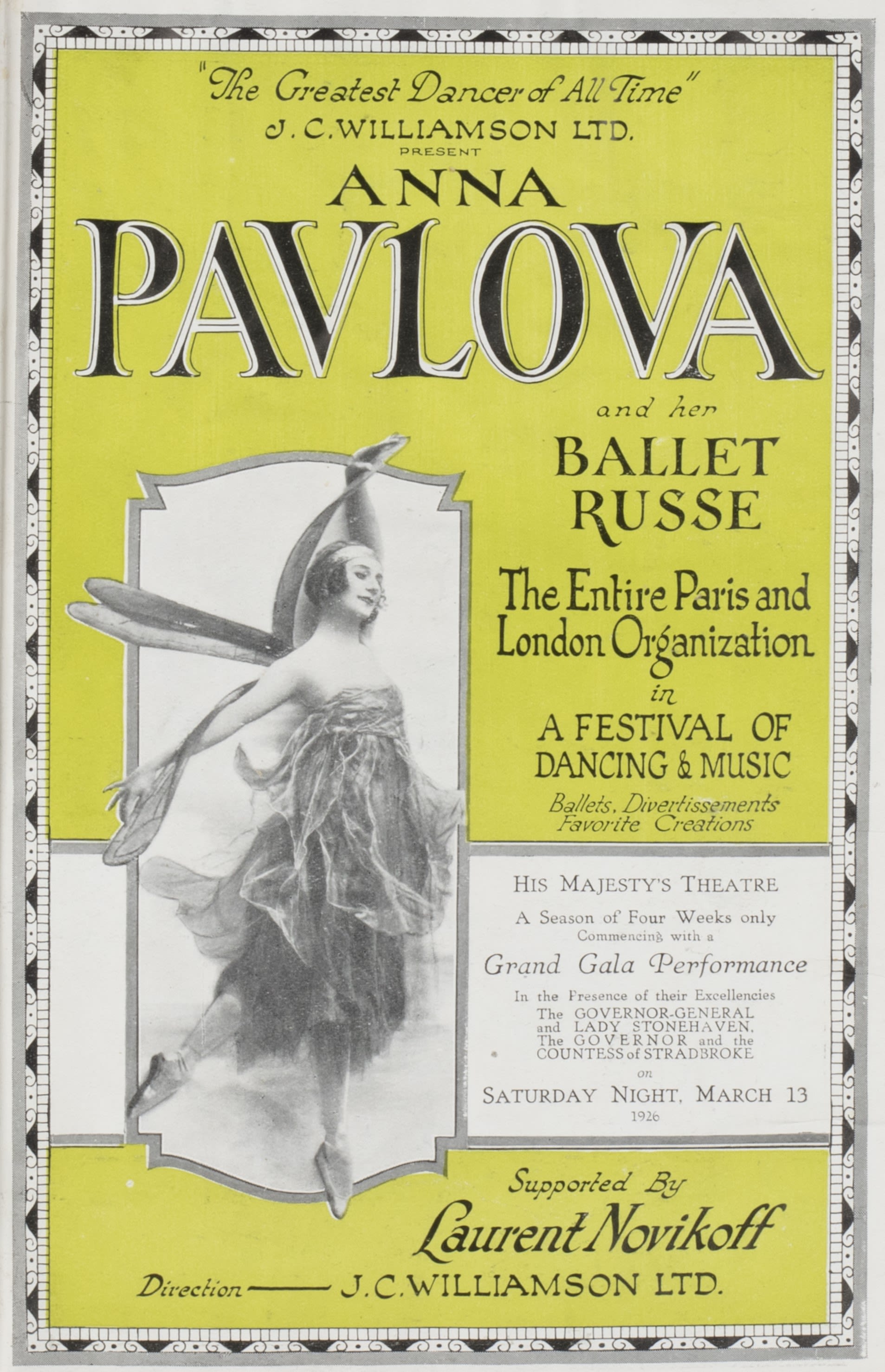 Green-yellow programme, one page, showing an image of a dancer wearing a costume made of tulle with wings. The image is on the left with text on the right. 