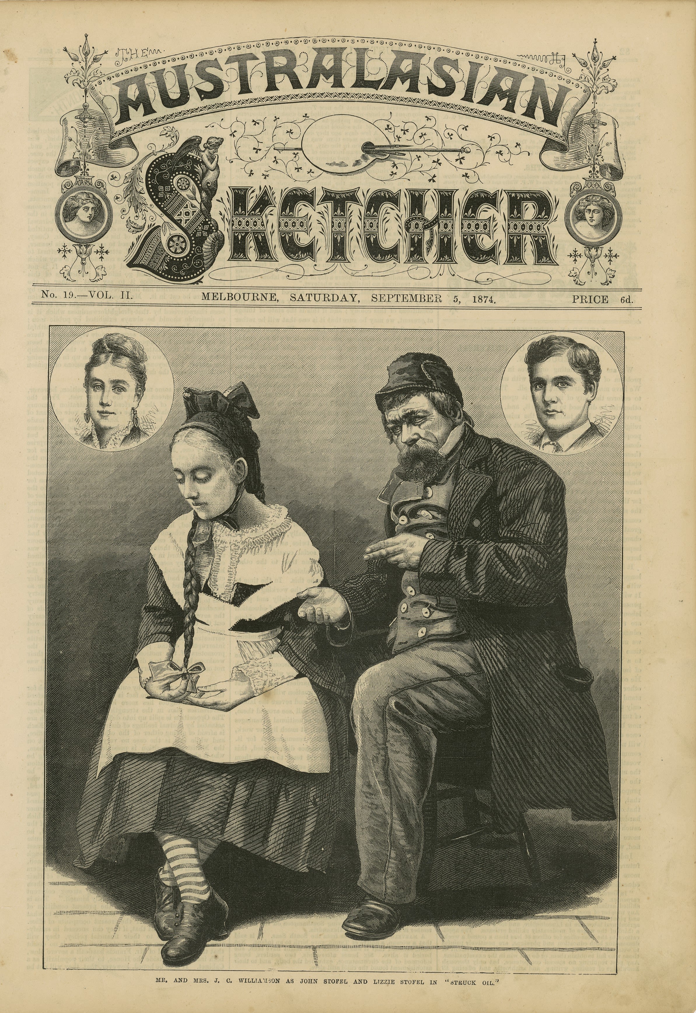 Illustration of woman and man. Woman is on the left wearing a dress with an apron sitting and looking down in the left corner. The man has a beard and is wearing a suit, small hat, and coat looking towards the woman holding his left arm across his body with his index and middle finger pointing at the woman. Next to the faces of these two people are small portraits of a woman and man. Sketch is titled 'Australasian Sketcher' in ornate lettering.