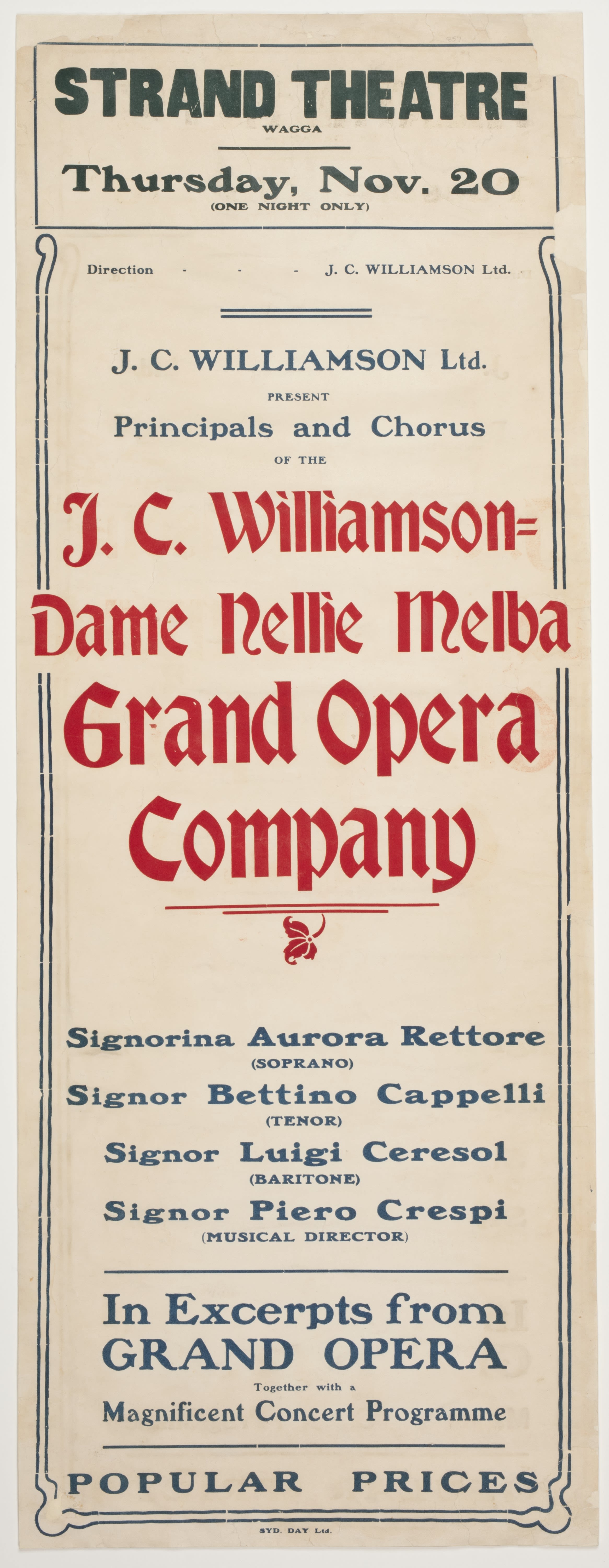 Early twentieth century theatre advertisement poster. Poster features blue and red block letter text.