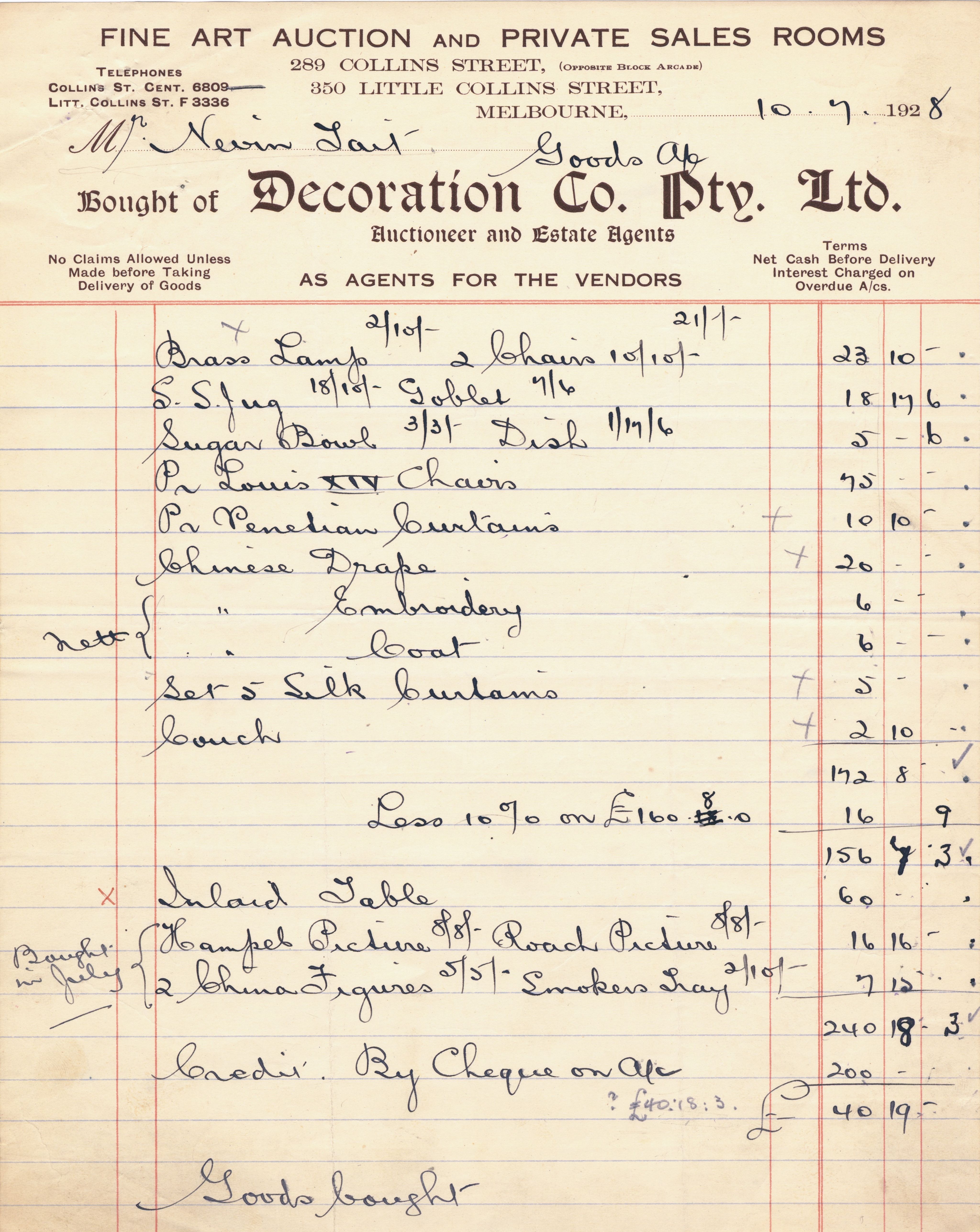 Handwritten list of properties ordered for production. Cursive writing on lined paper. 