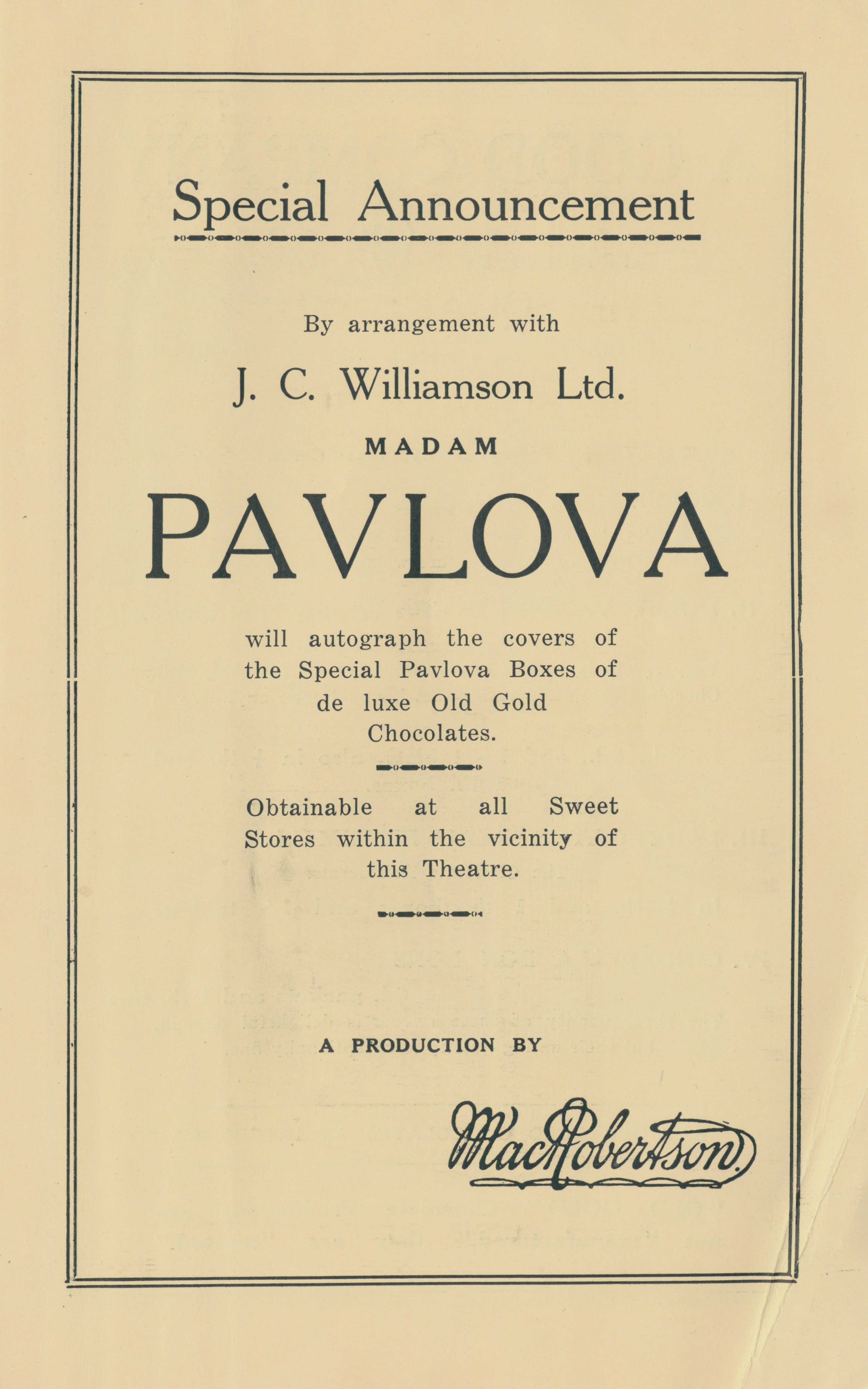 Early twentieth century advertisement in theatre programme. Typed text with rectagle border. 