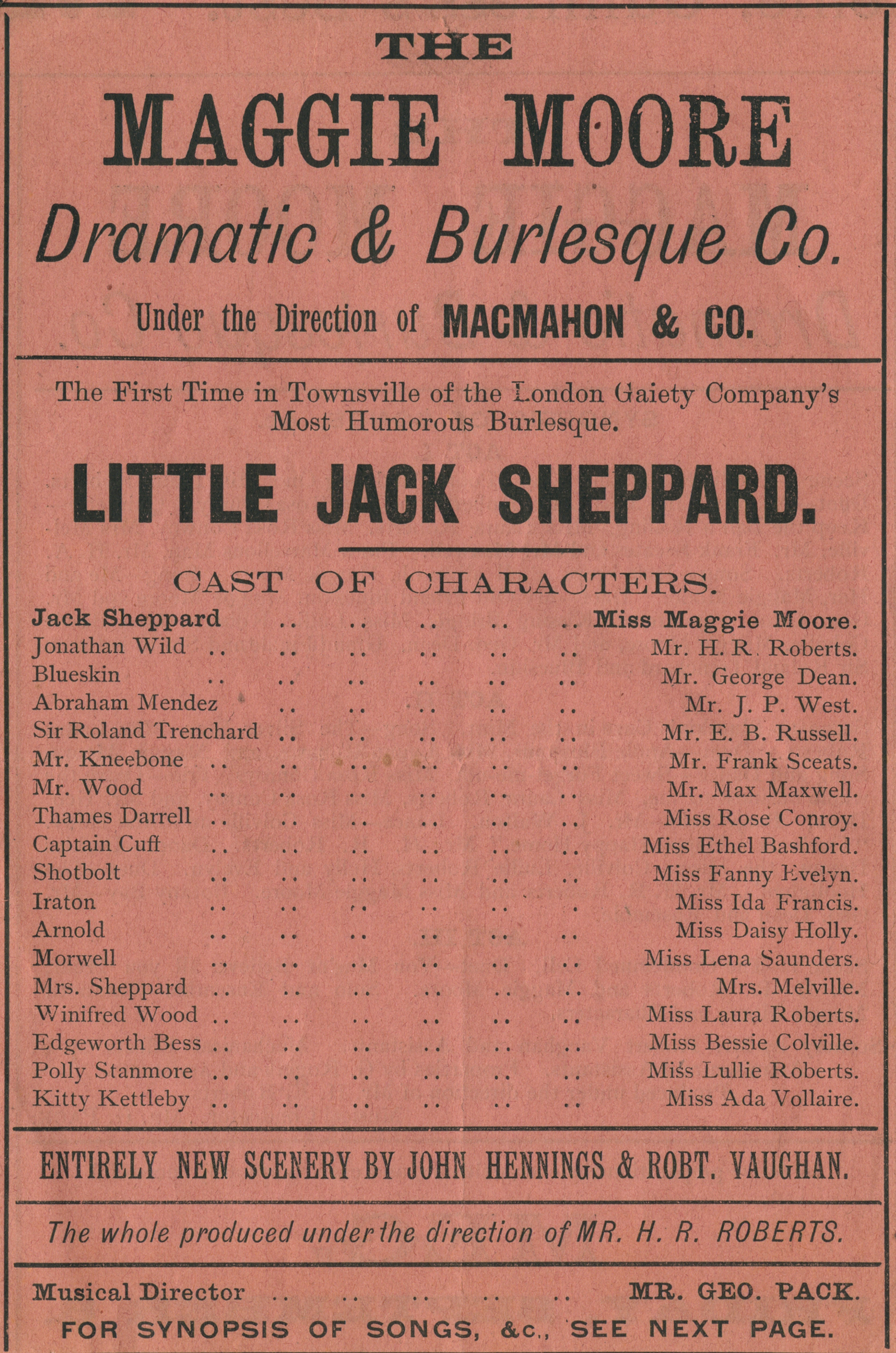 Pink, single page, nineteenth century theatre brochure.
