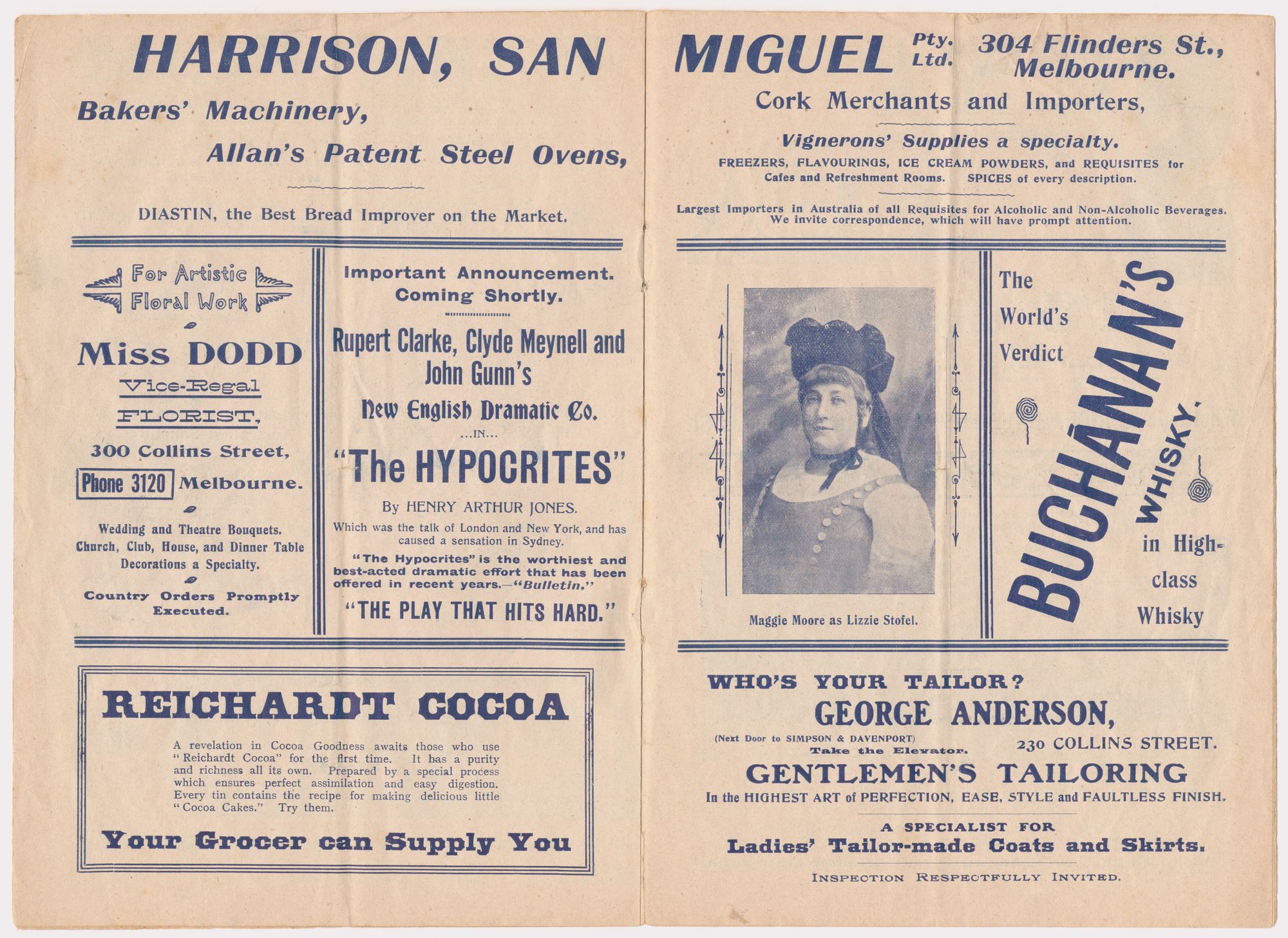 Open early twentieth century programme. Shows head and shoulders portrait of woman on the right hand page. She is wearing a bonnet-style hat tied with a ribbon at her chin. She is looking at the camera. Portrait is surrounded by text advertisements for florists, sweets, bread, and men's tailoring.