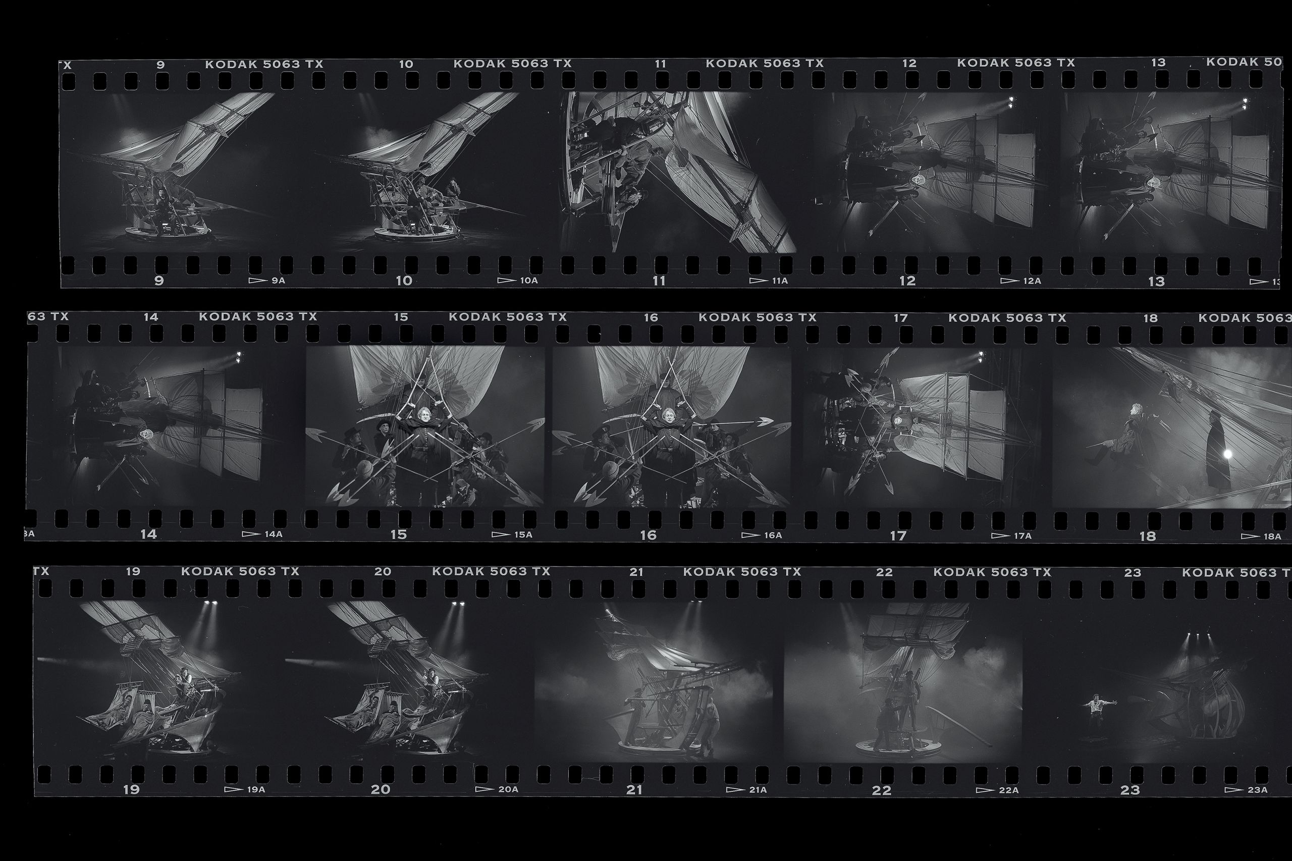 Multiple photos (proof sheet) of a theatre set that features a 19th century ship. Actors in hammocks on the ship.