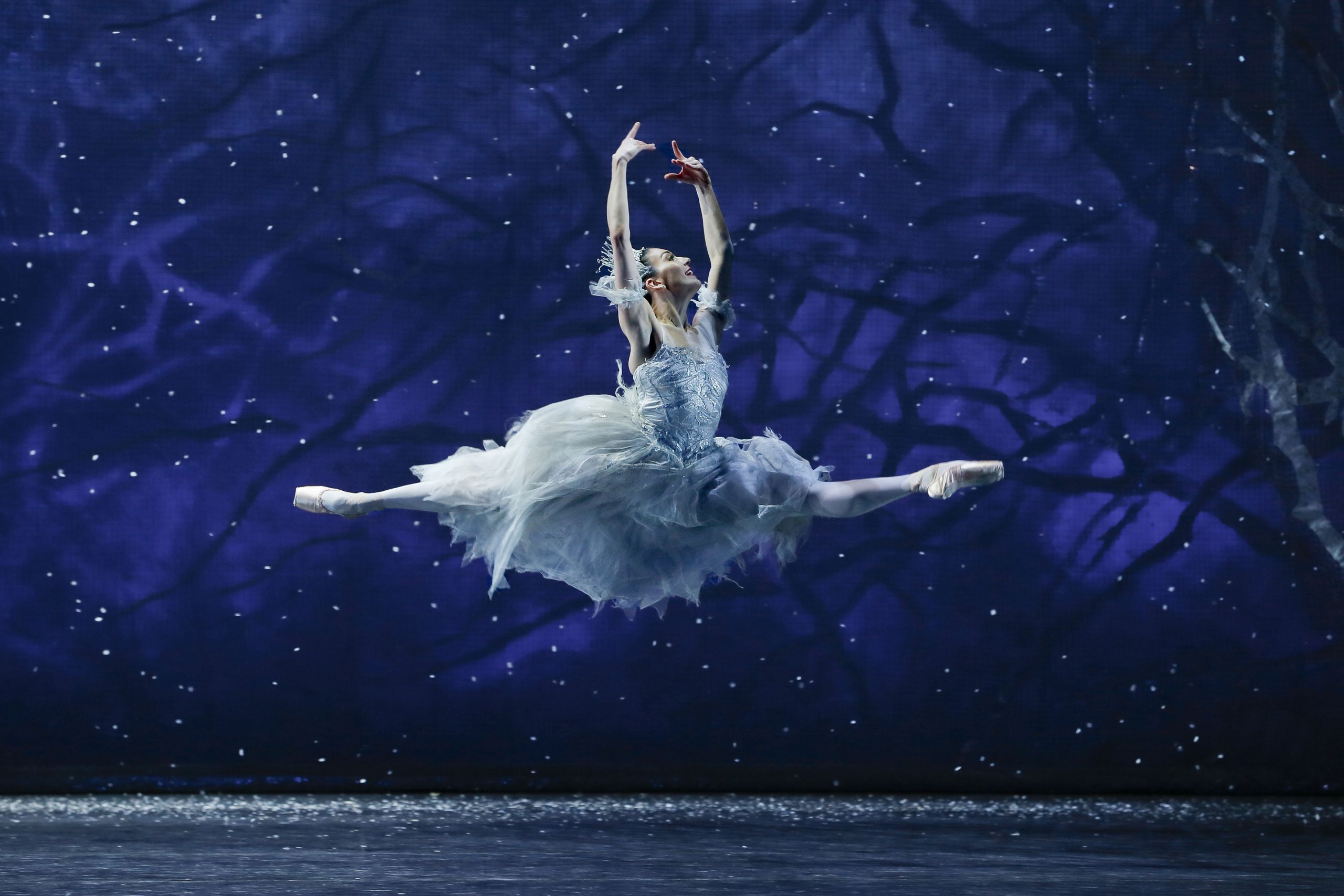 Female ballet dancer leaps across the stage, her outstretched legs forming a horizontal line. She wears a princess style ballet costume.