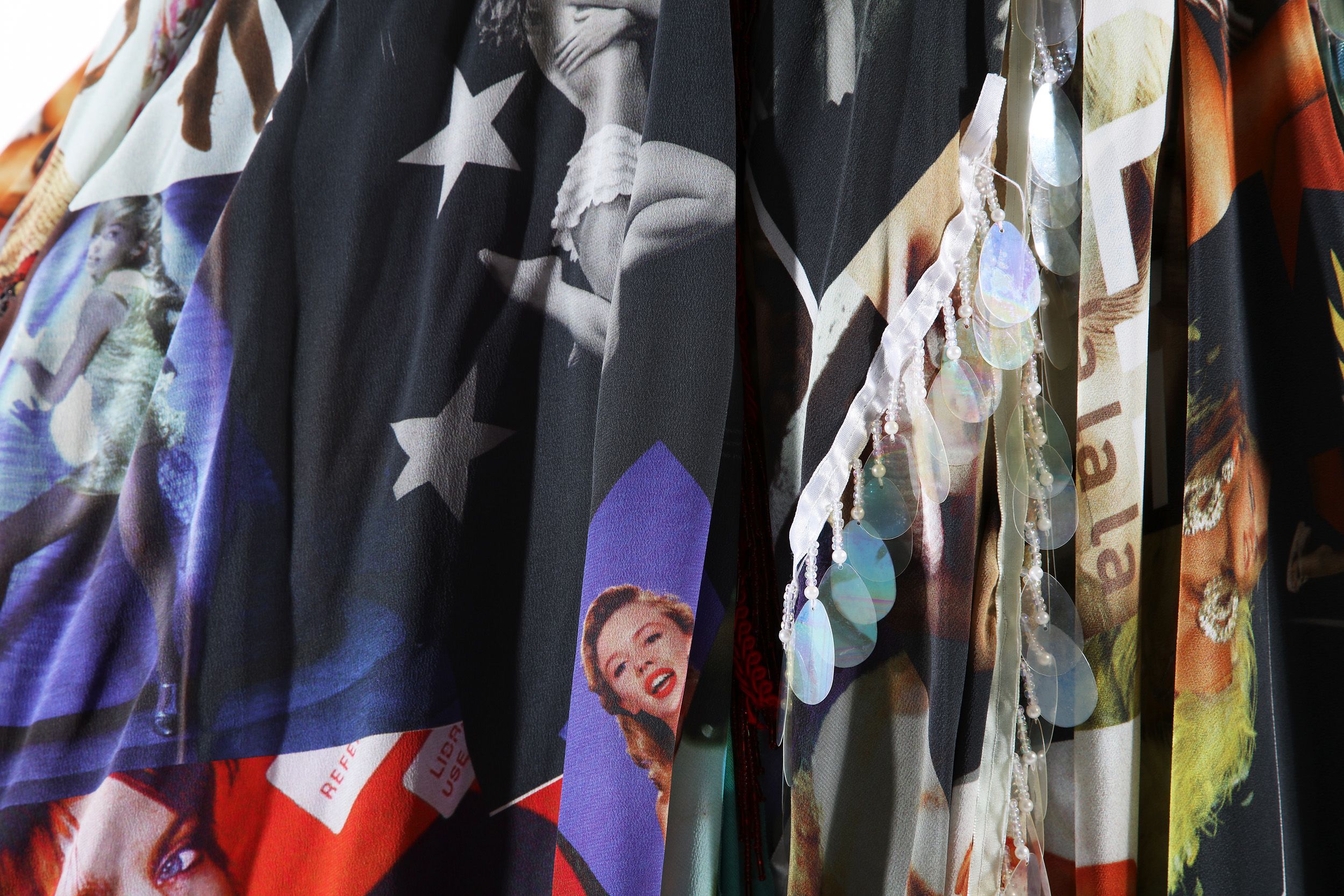 Close up of fabric with images of Kylie Minogue.