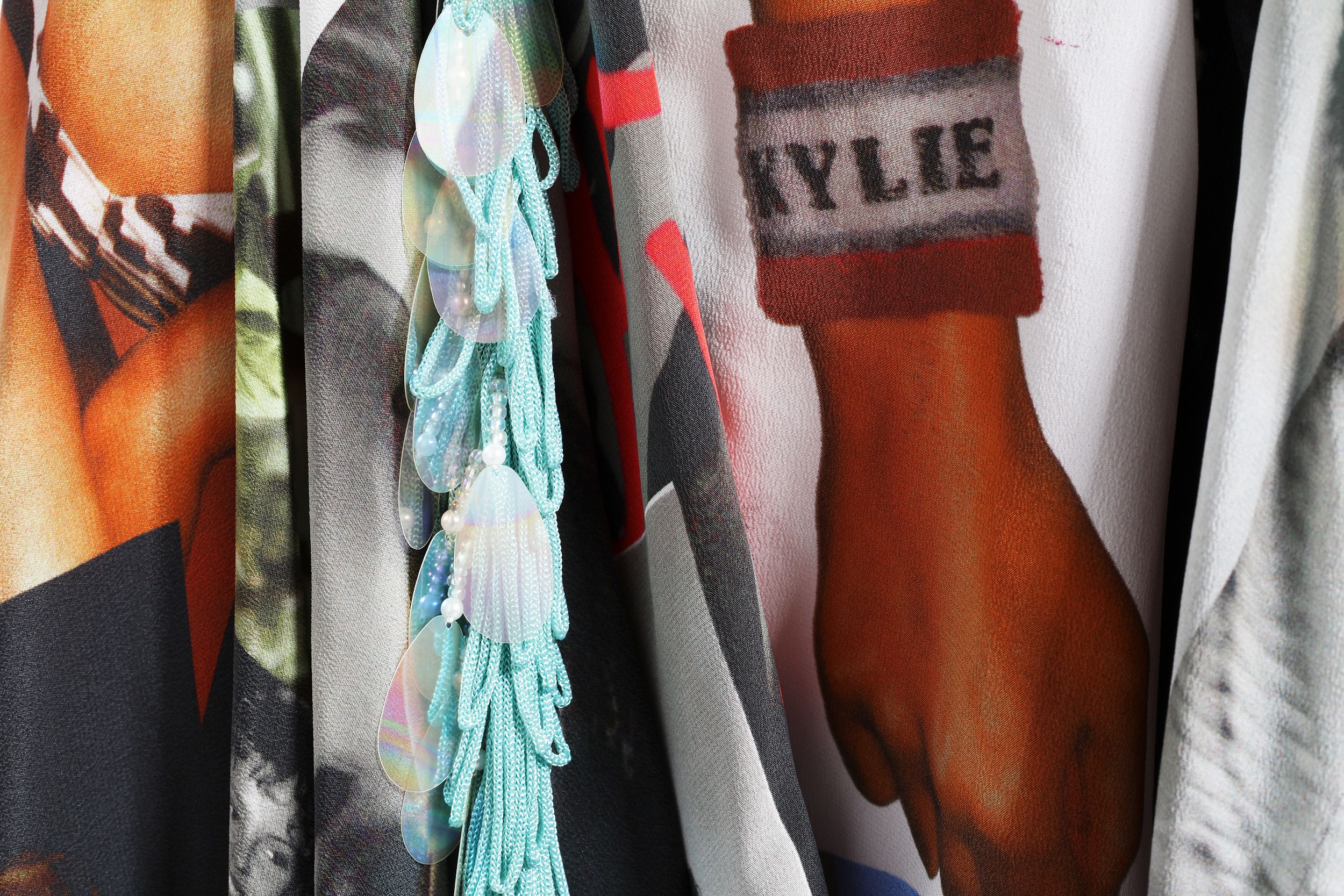 Close up of fabric with images of Kylie Minogue.