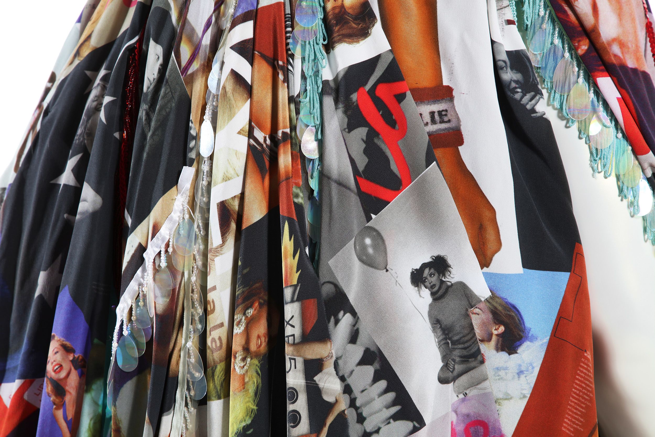 Close up of fabric with images of Kylie Minogue.