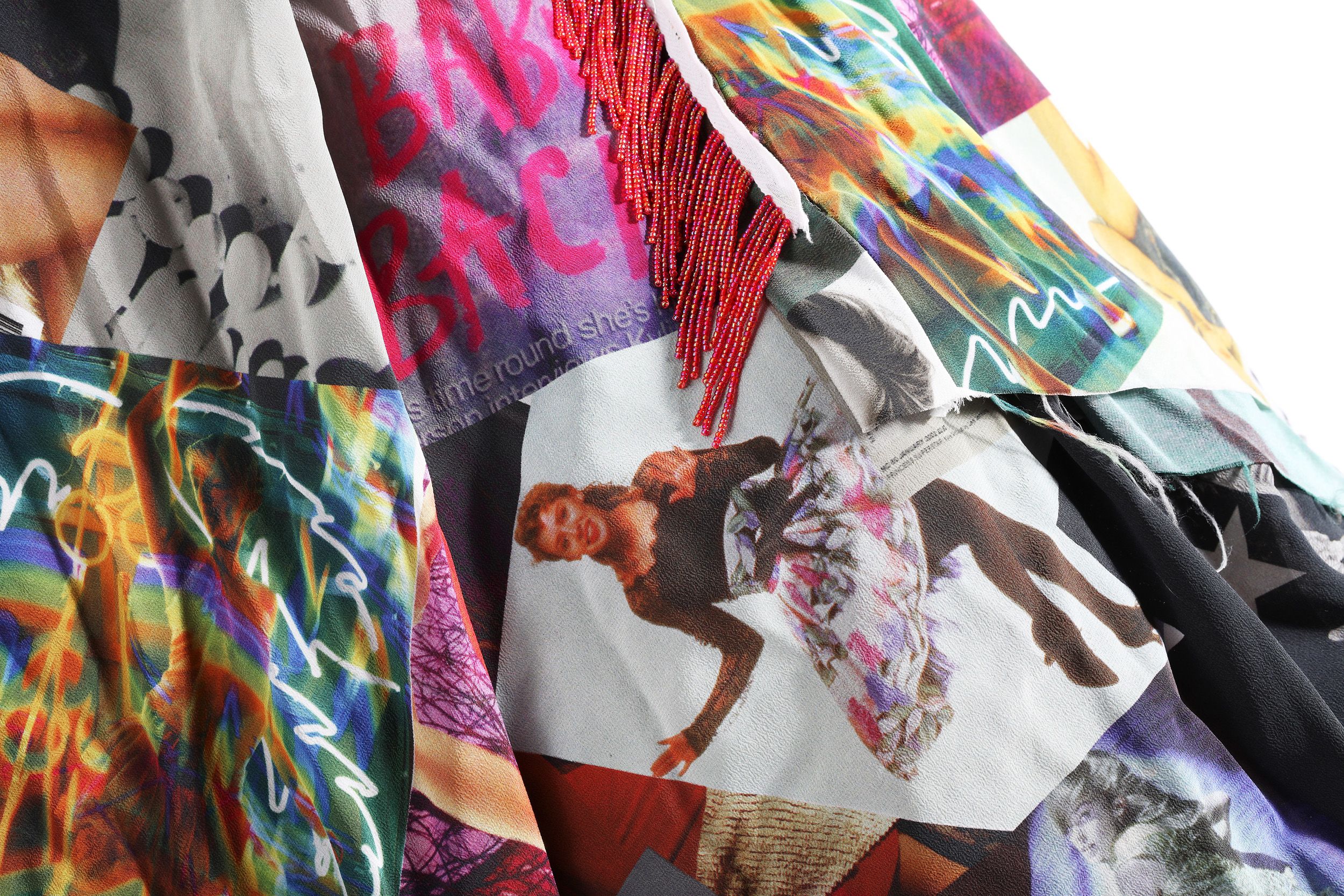 Close up of fabric with images of Kylie Minogue.