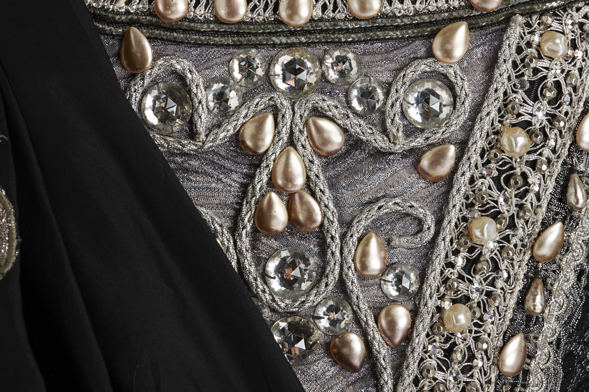 Detail of bodice showing beading and embellishment on costume worn by Joan Sutherland in Lucrezia Bogia.