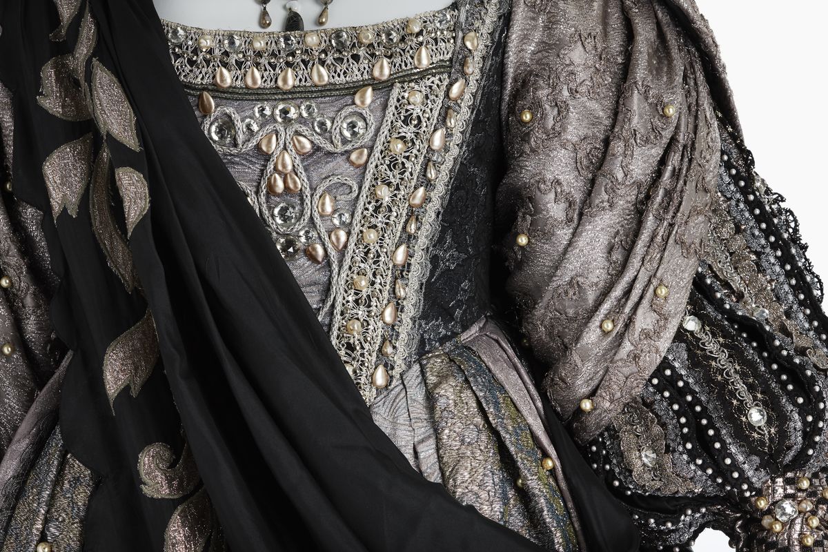 Detail of bodice showing beading and embellishment on costume worn by Joan Sutherland in Lucrezia Bogia.