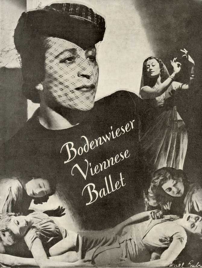 Black and white cover of concert program featuring a close up of a woman wearing black, with a small black hat with netting covering her face. "Bodenwieser Viennese Ballet" appears in white cursive text on her chest. Other images of five female dancers wearing white are in various posers surrounding the central figure at the bottom of the cover and around to the right.