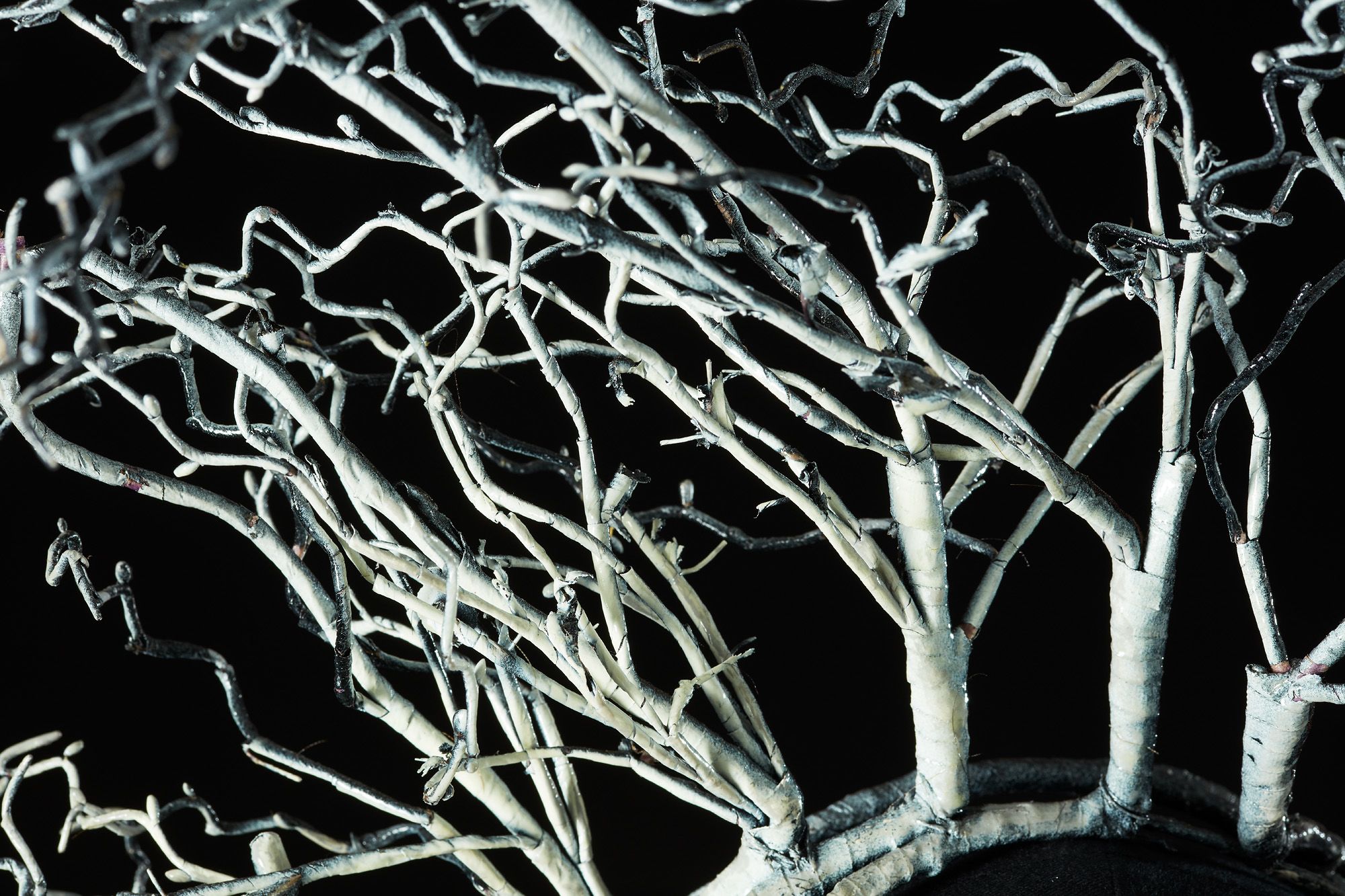 Close up of headdress resembling branches of a tree.