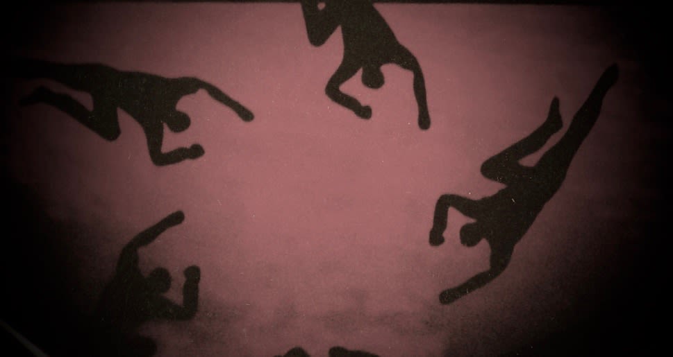 Silhouettes of human figures painted on a dark pink background.