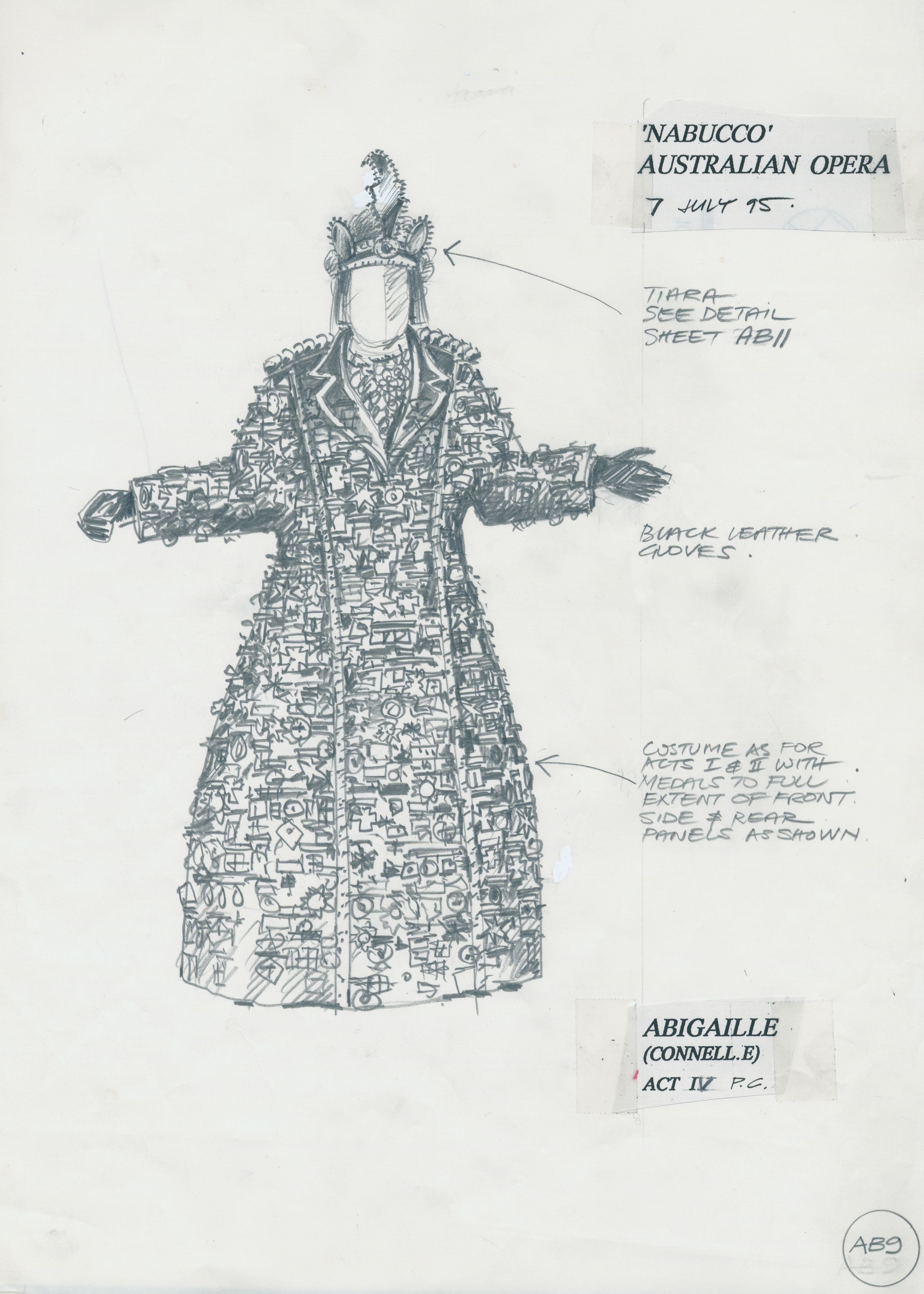 Black and white costume sketch of a woman's floor length coat, covered in medals. Annotations surround.