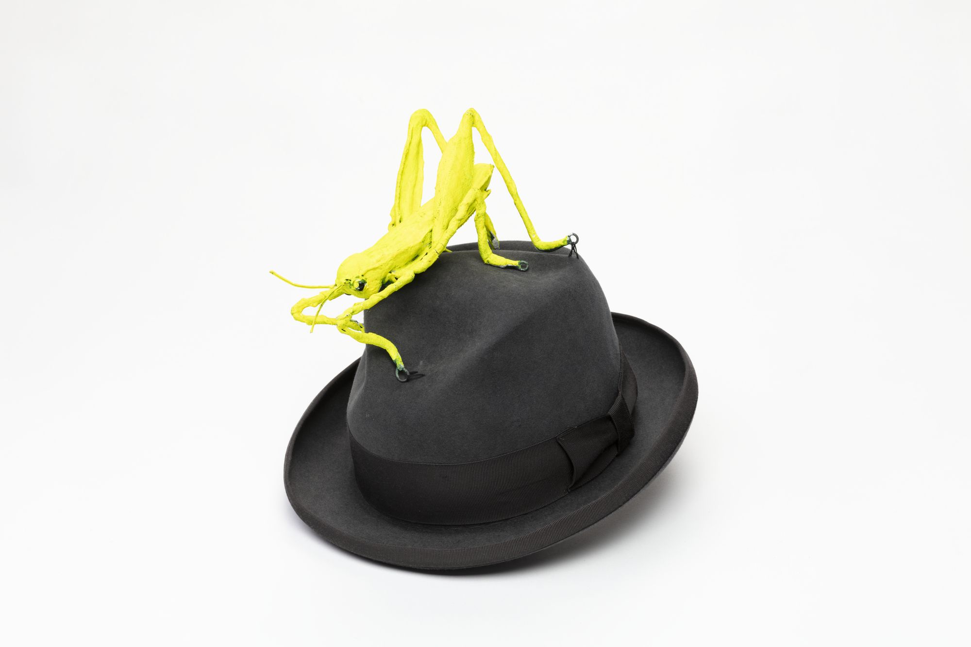 Front view of a traditional mans hat in black, featuring a vivid prop insect on top.