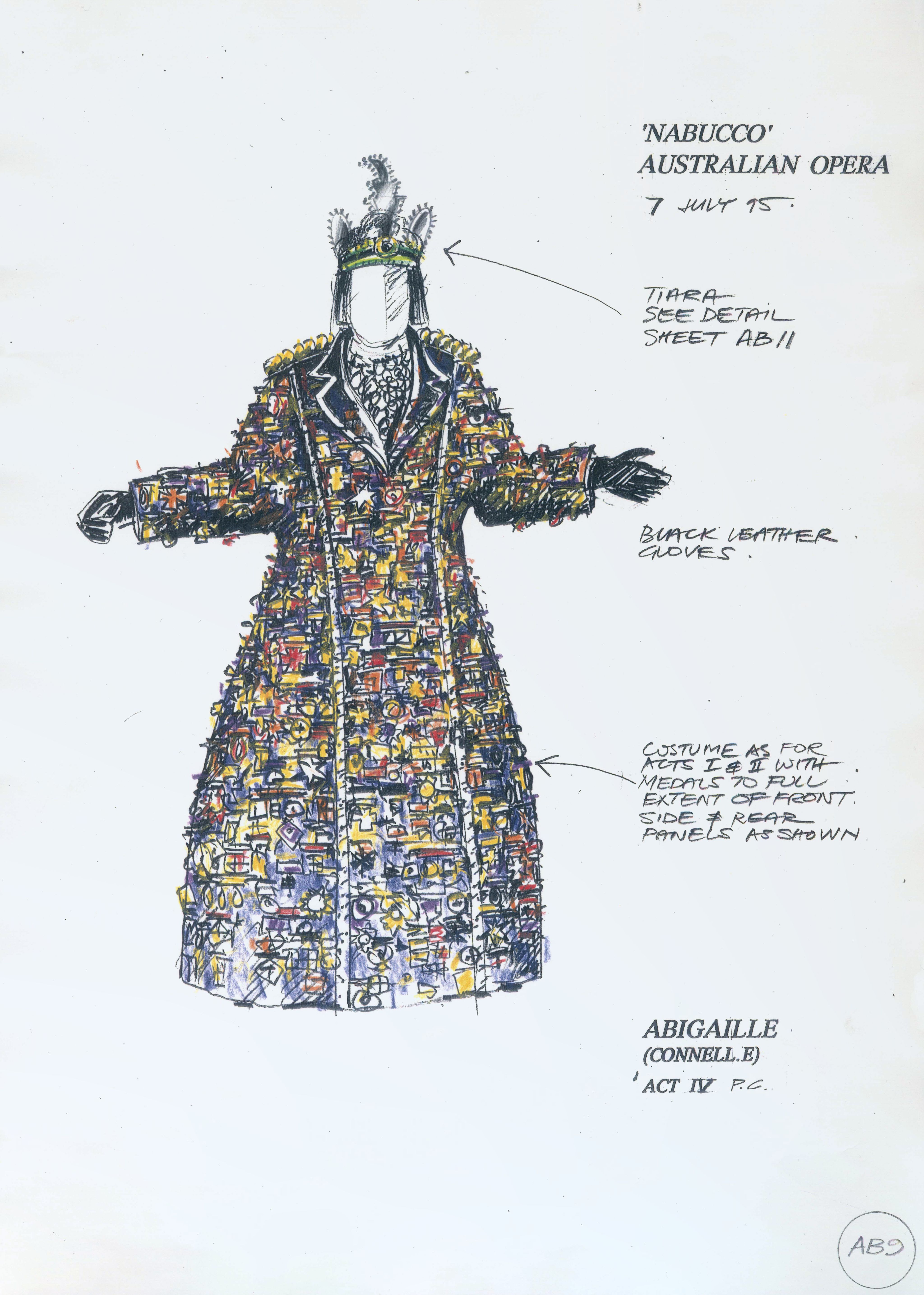 Coloured costume sketch of a woman's floor length coat, covered in medals. Annotations surround.