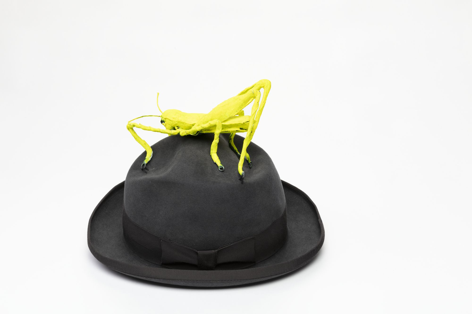 Side view of a traditional mans hat in black, featuring a vivid prop insect on top.