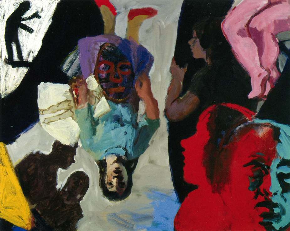 Close up of painting, featuring an upside down female figure in blue.