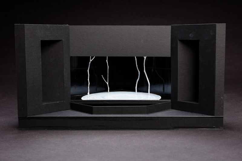 An elegantly minimal set model with mirrored panels and stark white-painted tree trunks.